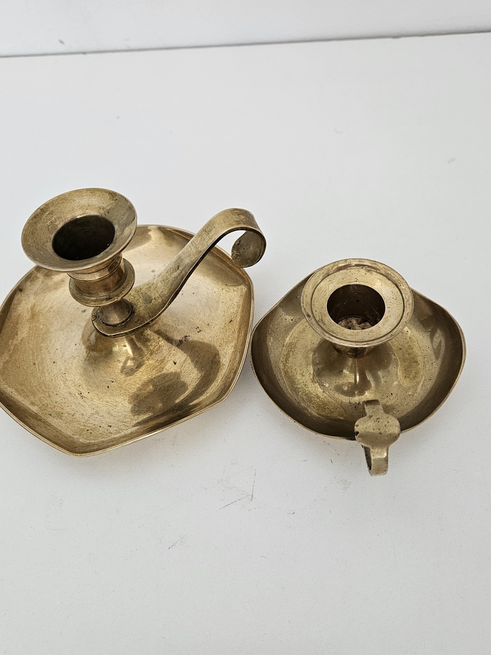Pair of Vintage Solid Brass Chambersticks – MCM Finger Loop Candle Holders